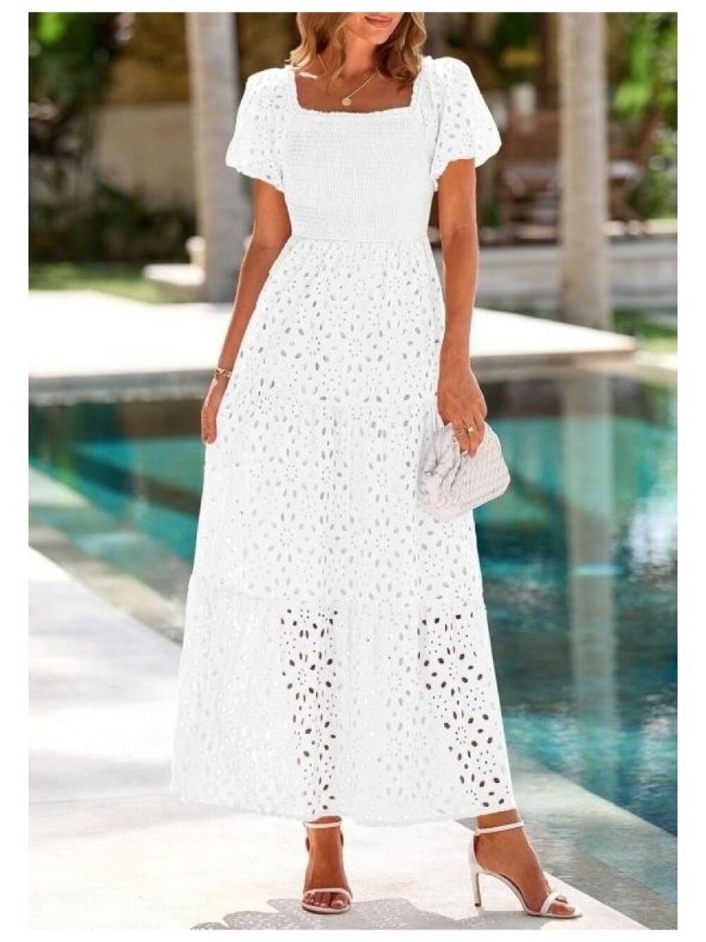 ✨PRETTYGARDEN Dress Eyelet Square Neck Smocked Maxi Medium White NWT